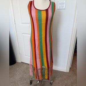 FARM Rio Pink, Burgundy, Yellow & Teal Crochet Stripe Dress with Fringe Tag